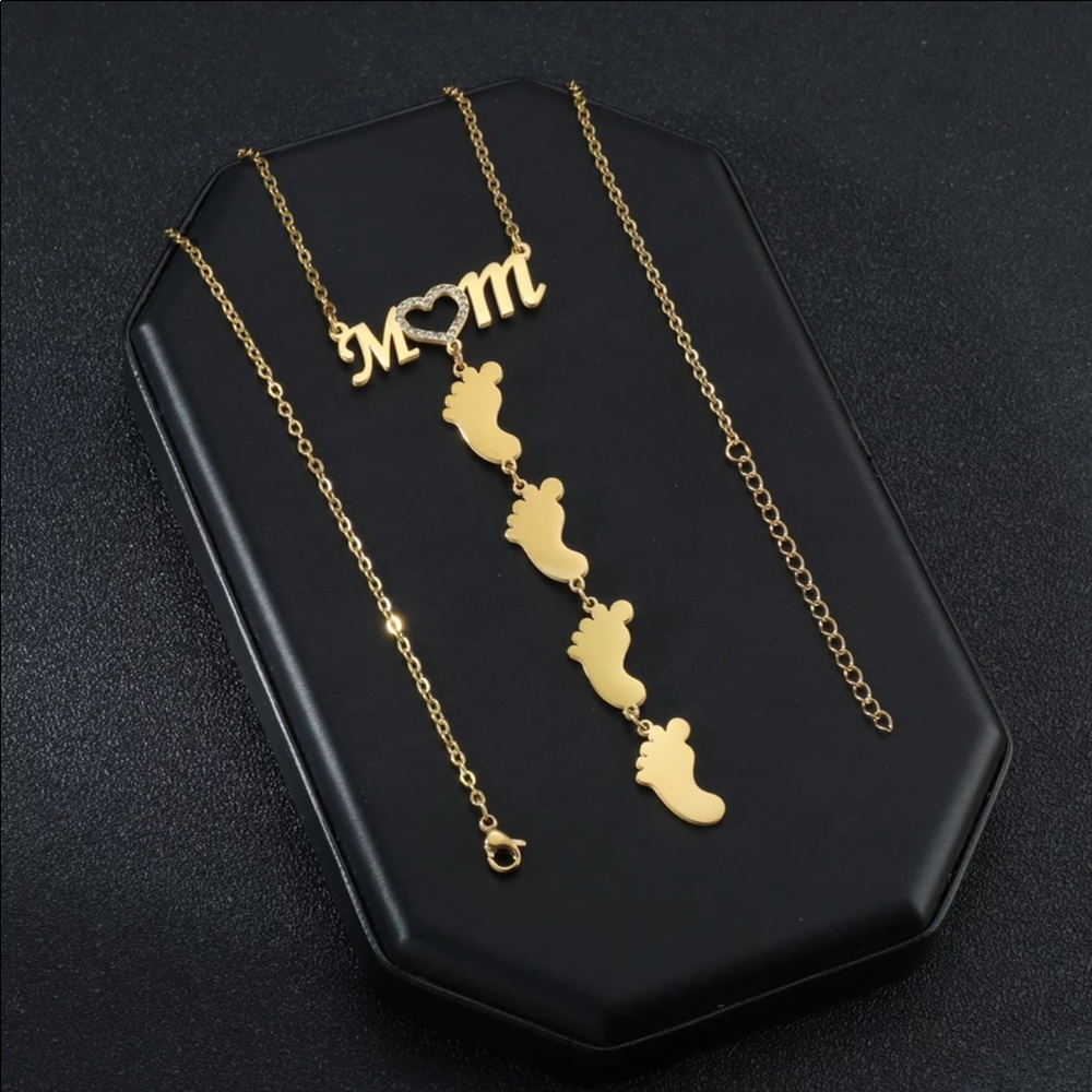 NEW Gold Mom Heart Kids Feet Necklace